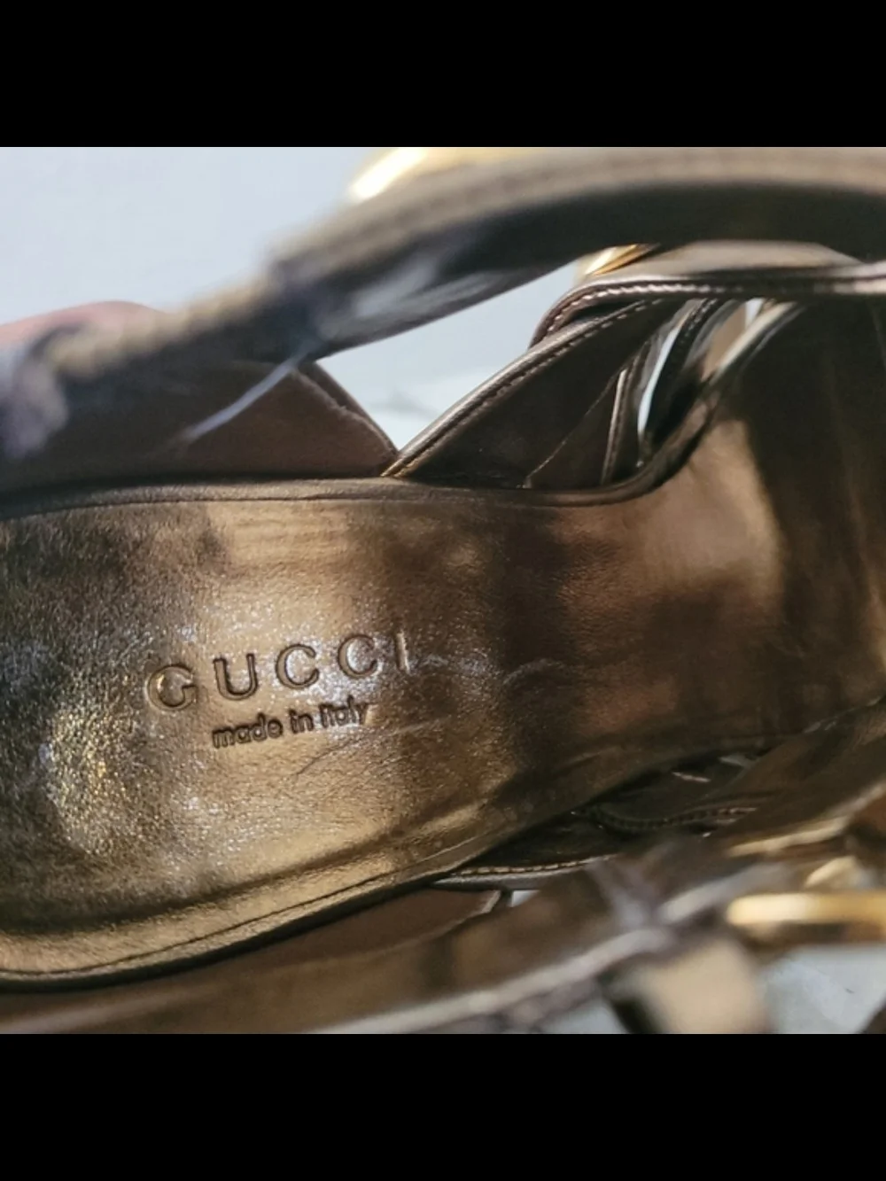 GUCCI Womens Metallic Bronze Studded High Heel 36.5 Sandal Gold Babouska Strappy